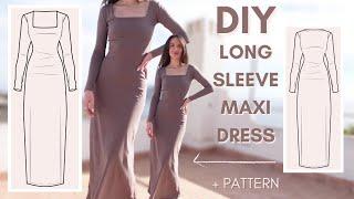 DIY long sleeve maxi dress - step by step sewing tutorial with pattern