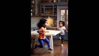 children, running, butterfly pose, indoor{table in background} AI generated Images