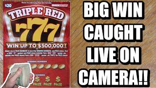 BIG WIN CAUGHT LIVE!! $20 "TRIPLE RED 777" LOTTERY TICKET SCRATCH OFF!!