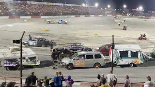 Trailer Demolition Derby figure eight race with huge rollover crash at Indy Speedrome 2022.