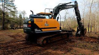 Hyundai 140 Excavator Knocking down Trees and Pulling Up Stumps for Barn Site on Hunting Property