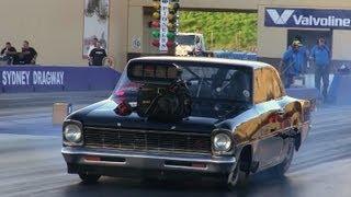 FRANK MAMONE MR 10.5 BLOWN V8 CHEVY NOVA RUNS 6.57 @ 224 MPH SYDNEY DRAGWAY 15.2.2013