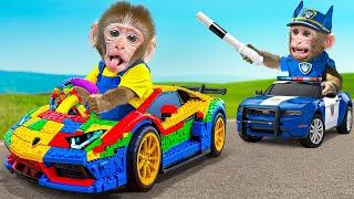 KiKi Monkey drive Lego Car Toys to escape Police Chase Adventure on Car Race | KUDO ANIMAL KIKI