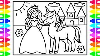 How to Draw a Princess and Unicorn for Kids  Mermaid and Unicorn Drawing and Coloring Pages