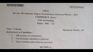 Cost Accounting B.com 3rd sem NEP Q/P 2023 Karnataka State Akkamahadevi Women's Bijapur University