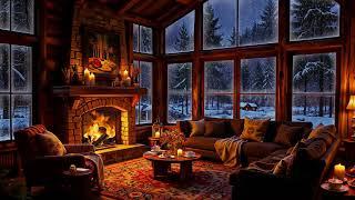 Winter Night in Cozy Room Ambience with Warm Jazz Music, Fireplace Sounds & White Noise for Relaxing