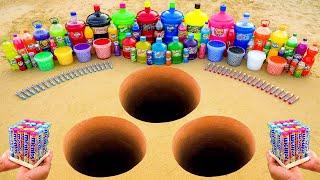 Experiment: Giant Coca Cola, Fanta, Mtn Dew, Chupa Chups, Sprite vs Mentos in 3 Underground Pits