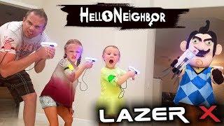 Hello Neighbor in Real Life! Us vs Hello Neighbor in Laser Tag Toys Battle!! We Kick Him Out!