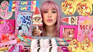 ASMR PINK FOOD MUKBANG,PINK MONSTER,JELLY MARSHMALLOW,POCKY STICK, GLICO GIANT CAPLICO,M&M’s, DONUTS