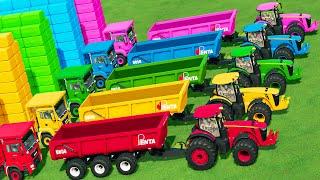 GIANT Transporter TRUCK vs 6-COLOR John Deere TRACTORS: Grass LOAD & SELLING ACTION! FS22