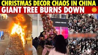 China’s Christmas Tree Decor Boxes Mobbed, Chaos Ensues! 33ft Tree Burns to a Skeleton