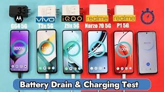 iqoo Z9x Battery Drain Test & Charging Vs Realme P1/vivo T3x/Moto G64 5G/Narzo 70