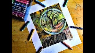 Forest in Crystal Ball |time lapse |forest painting |oil pastel |landscape drawing |easy art| DIY