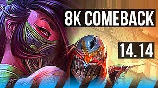 AKALI vs ZED (MID) | 8k comeback, 6 solo kills, 800+ games | EUNE Master | 14.14