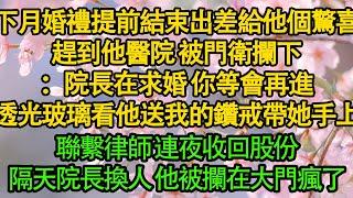 下月婚禮提前結束出差給他個驚喜，趕到他醫院 被門衛攔下：院長在求婚 你等會再進，透光玻璃看他送我的鑽戒帶她手上，聯繫律師 連夜收回股份，隔天院長換人 他被攔在大門瘋了