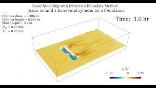 Simulation of scour around a short cylinder on a supporting cradle