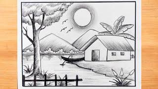 Scenery Drawing| Landscape Drawing|| Easy Scenery Drawing|| Pencil Scenery Drawing