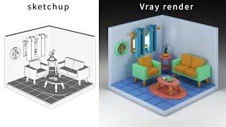 create a 3D isometric living room with sketchup