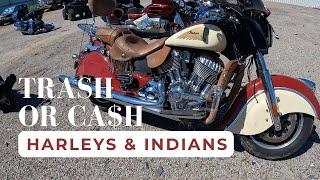 Trash or Cash? Salvaged HARLEY & Indian motorcycles in Copart Walk Around.