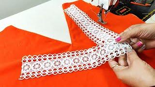 New Pakistani V Neck Design with Lace Cutting and Stitching | Velvet Kurti Neck Design