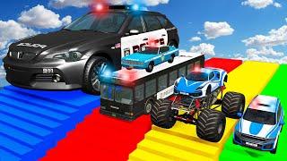 Big & Small Police Cars with Slide Color and Deep Water - Police Bus Rescue Cars - BeamNG.drive