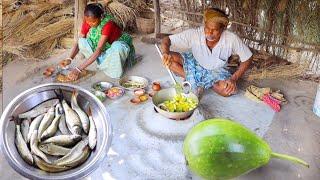 Small Fish Curry with Bottle gourd recipe cooking and eating by santali tribe old couple