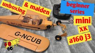 Beginner RTF mini XK a160 Maiden crash and unboxing J3 piper Cub flight Gyro stabilisation RC plane