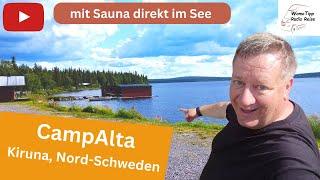 Camp Alta, nahe Kiruna Nordschweden, mit Sauna auf einem Floss im See - wunderschön