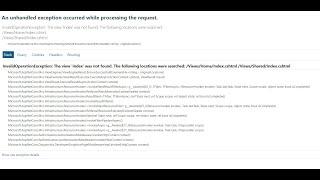 InvalidOperationException: The view 'Index' was not found. The following locations were searched