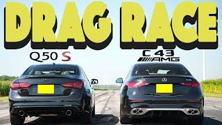 New Mercedes C43 AMG vs Infiniti Q50 RedSport, no replacement for displacement? Drag & Roll Race