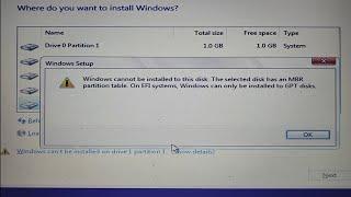 Fixed How to Solve error Windows can not be installed on this disk The disk has MBR Partition Table