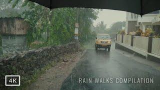 4 Hours of Heavy Rain Walks Compilation | ASMR Sounds of Rain on Umbrella for Sleep and Mediation