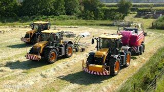 4k Hay harvest 2023 - D.E. Keeble's crew rowing & baling hay one evening. JCB Fastrac Claas Liner