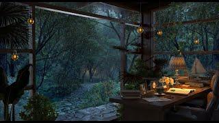 Cottage Study Room with Lush Forest View  -  Rain Sounds for Focus and Relaxation