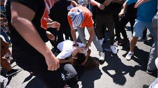 Pro-Palestine and pro-Israel protesters clash outside a Los Angeles synagogue