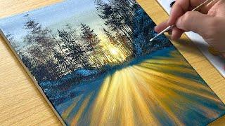 How to Draw Winter Sunset / Acrylic Painting for Beginners