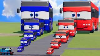 Big & Small Red Bus Lightning Mcqueen vs Big & Small Blue Bus Mcqueen vs Train | BeamNG.Drive