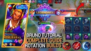 BRUNO TUTORIAL, COMPLETE GUIDE, ROTATION AND BUILDS | BRUNO BEST BUILD 2021 - MASTER BODAK MLBB