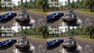 Comparison of motion interpolated videos to 60 fps, 30 fps Motion Blur, and 60 fps Motion Blur