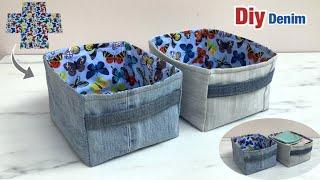 sewing diy a denim boxes with handle tutorial, old jeans reuse ideas , diy jeans boxes with handle.