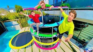 Last to Leave the TRAMPOLINE TOWER Wins Challenge !