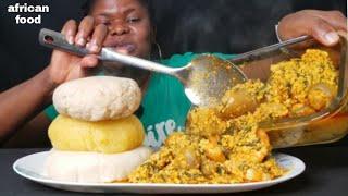 Asmr three different types of fufu (wheat,garri poundedyam)  with egusi soup,mushroom and shrimps