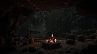 Hiding from a Heavy Rain and Thunderstorm in a Cozy Warm Cave in the Forest - campfire ambience