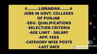 LIBRARIAN JOBS IN GOVT COLLEGES PUNJAB