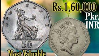 50 pence 1997 England pence 50 worth coin in Market value $200 currency rate in pkr, inr today