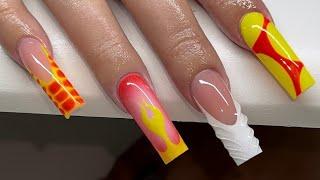 Long Multi Nail Art French Acrylic Nails