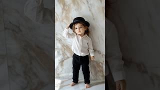 Chic & Cute Baby Girl Model, Fashion Show, Runway, Noir, trench coat, silver dress, fedora