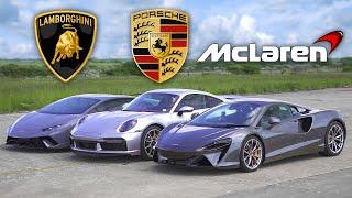 Wer ist schneller? Porsche 911 Turbo S vs. Lamborghini Huracán Performante vs. McLaren Artura