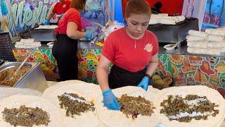 Mexico Street Food. Girl prepares Overstuffed Burritos & more. Seen in Milan, Italy