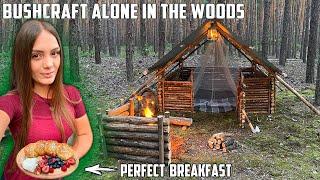 Overnight alone in the woods - build bushcraft shelter - Amazing Outdoor breakfast on fire